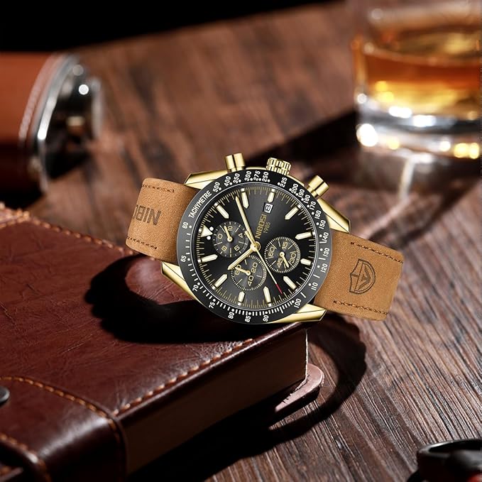 Men’s Gold Chronograph Leather Strap Wrist Watch