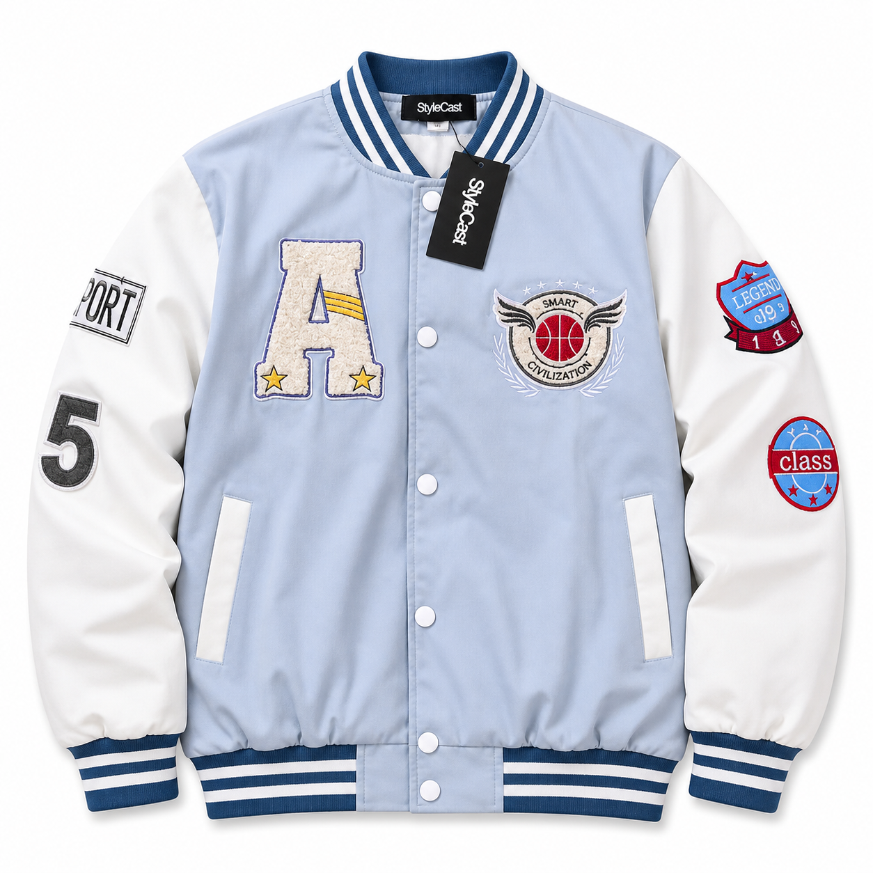 Light Blue Varsity Style Bomber Casual Jacket