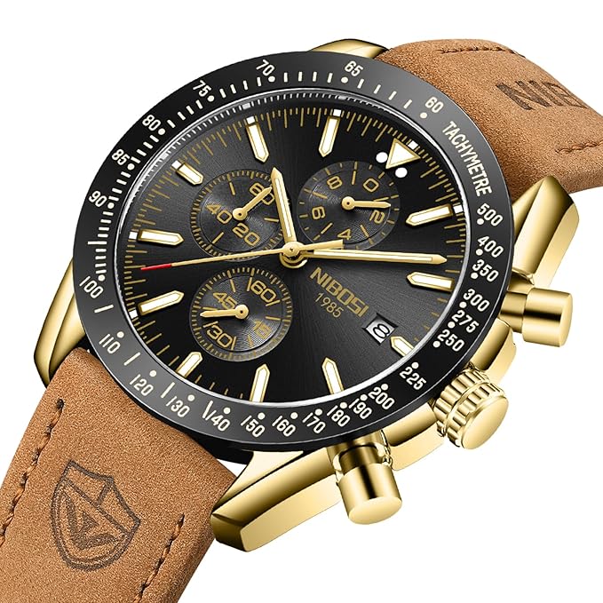 Men’s Gold Chronograph Leather Strap Wrist Watch