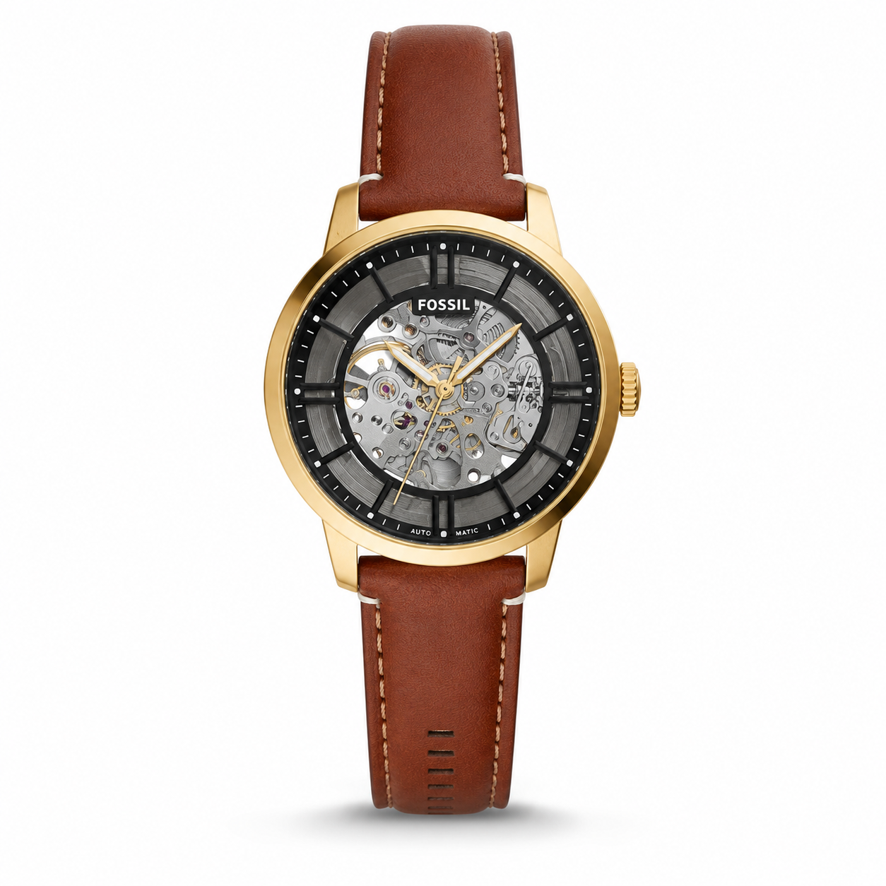 Gold Skeleton Dial Brown Leather Watch