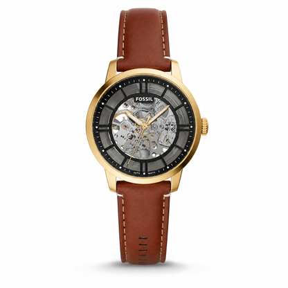 Gold Skeleton Dial Brown Leather Watch