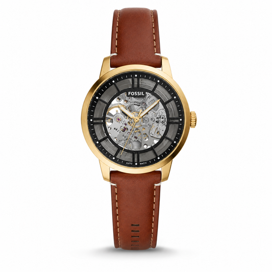 Gold Skeleton Dial Brown Leather Watch