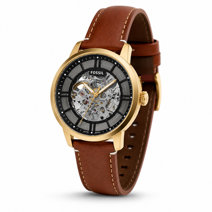 Gold Skeleton Dial Brown Leather Watch