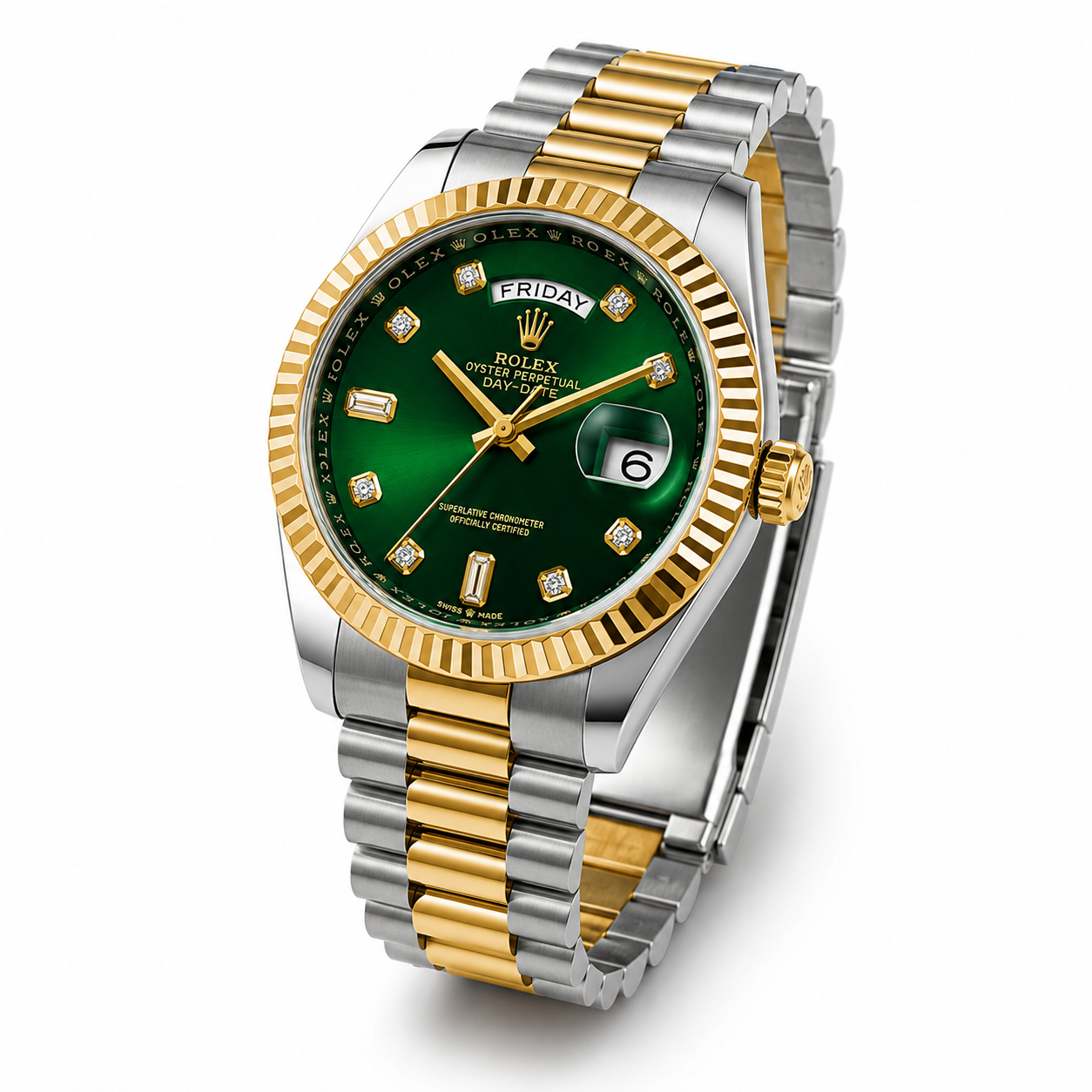 Dual Tone Green Dial Diamond Style Watch