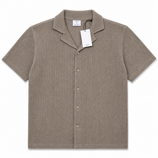 Beige Textured Knit Short Sleeve Casual Shirt