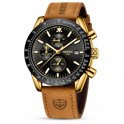 Men’s Gold Chronograph Leather Strap Wrist Watch