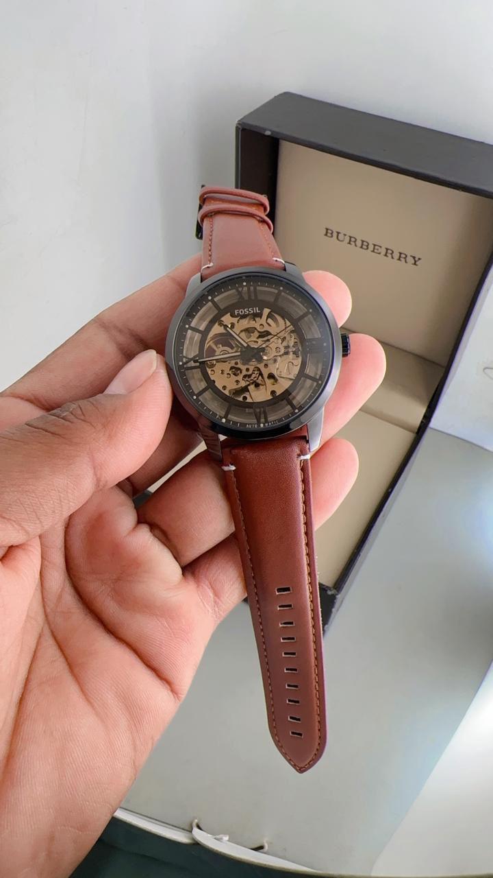 Premium Skeleton Dial Brown Leather Watch