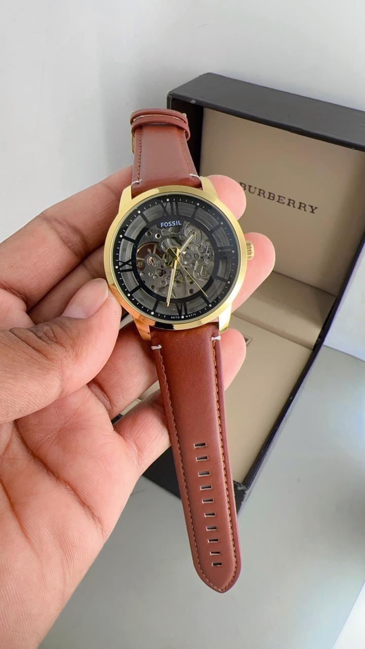 Gold Skeleton Dial Brown Leather Watch