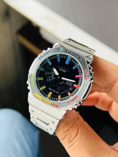 Rainbow Accent Stainless Steel Digital Watch