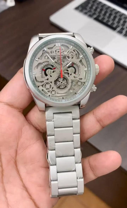 Silver Skeleton Dial Stainless Steel Chronograph Watch